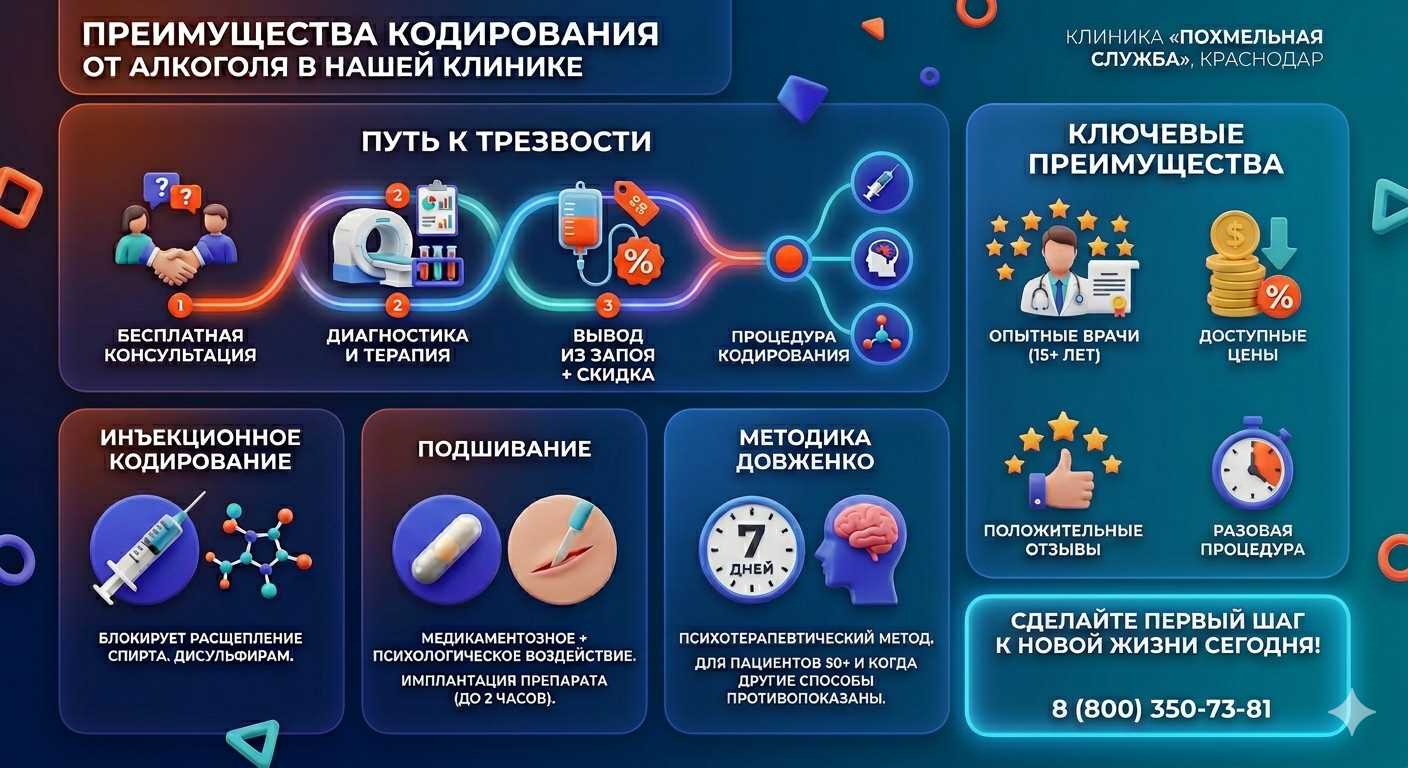 Инфографика о методах кодирования от алкоголя в Кызыле: инъекции, подшивание, метод Довженко. Преимущества клиники и этапы лечения.