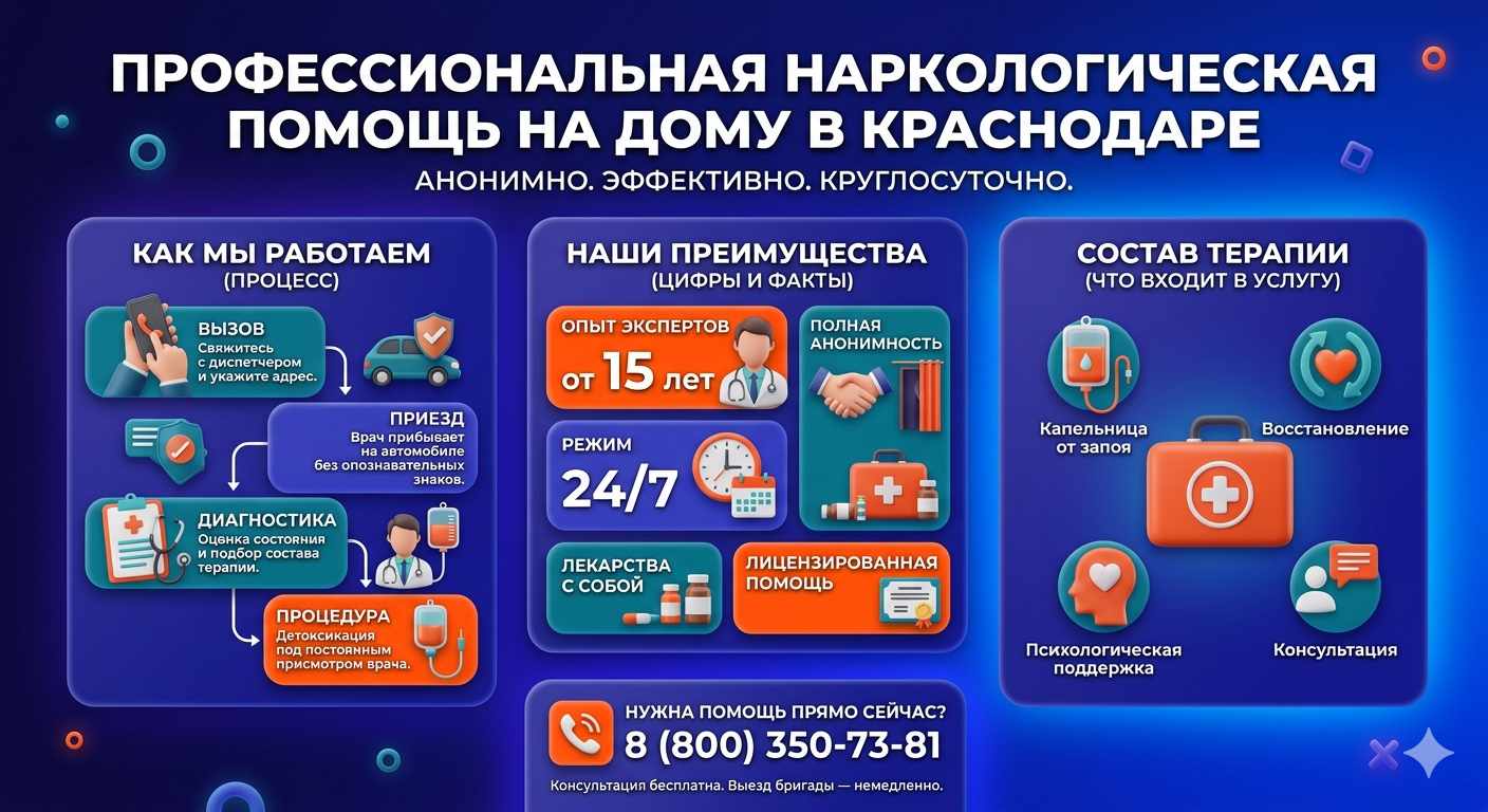 Инфографика о принципах лечения алкоголизма на дому в Кызыле: этапы вызова нарколога, преимущества анонимной детоксикации и состав медицинской помощи.